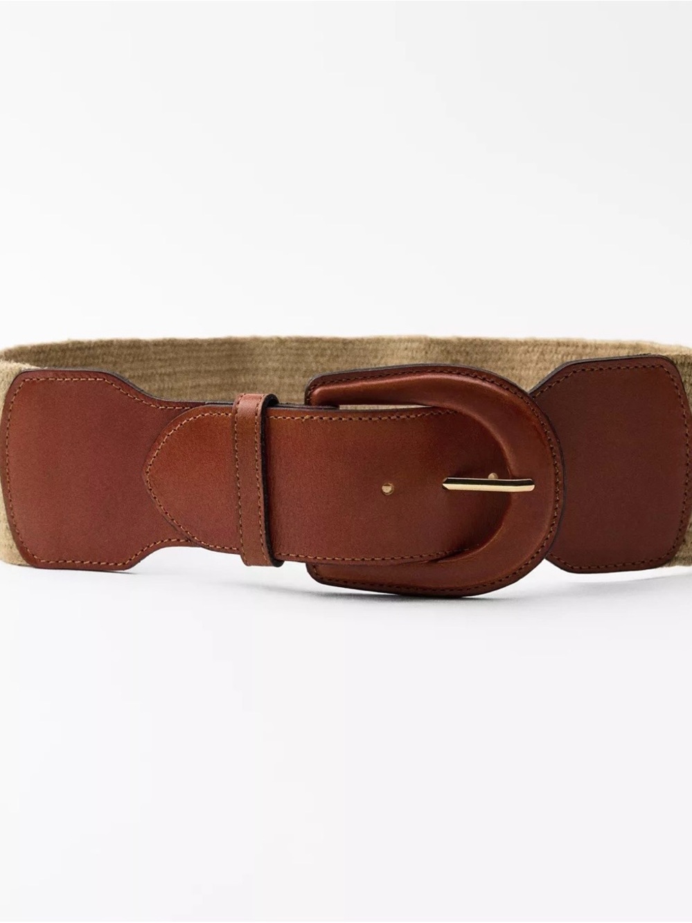 Tan Stretch Waist Belt with Brown Leather Buckle Size 34